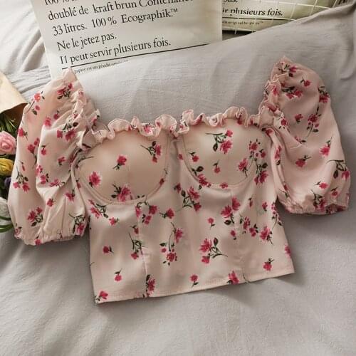 Summer Fashion Flower Print Blouse Shirts Women Retro Gothic Vacation Crop Tops Chic Korean Girl Blouses 2021 Clothes