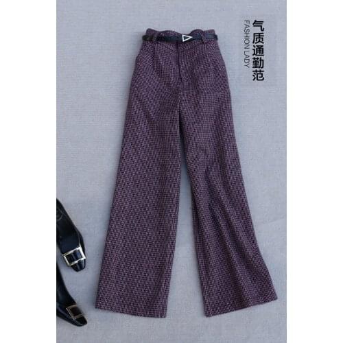 Women Autumn Winter High Waist Plaids Wide Leg Pants Elegant All-match OL Full-length Woolen Trousers