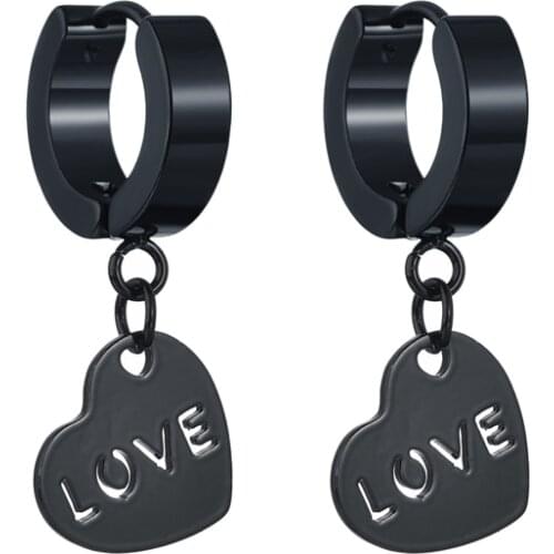 Trend Womens Earrings Black Love Heart Titanium Steel Punk Men Stud Earrings Gothic Ear Cuffs Earrings for Women Jewelry