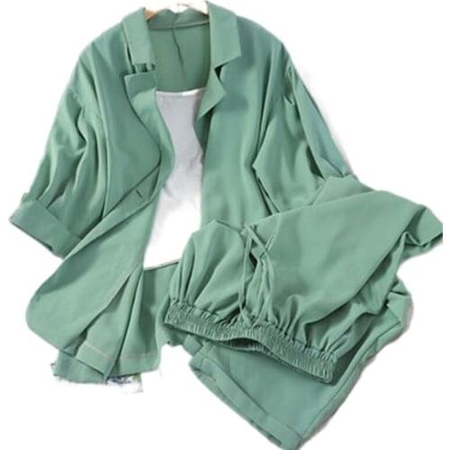 Suit women fashion 2021 summer new loose three-piece sleeve thin suit nine-point wide-leg pants suspenders three-piece suit