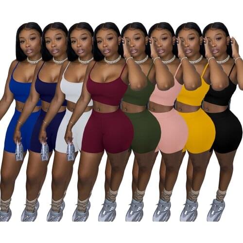 Sexy Sling Biker Shorts Sets Women Summer Tracksuit Spaghetti Strap Crop Top 2 Pieces Outfits Solid Fitness Sportswear for 2021