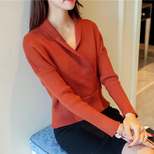 In the autumn of 2019 Korean womens new V neck sweater female turtleneck sweater shirt slim solid