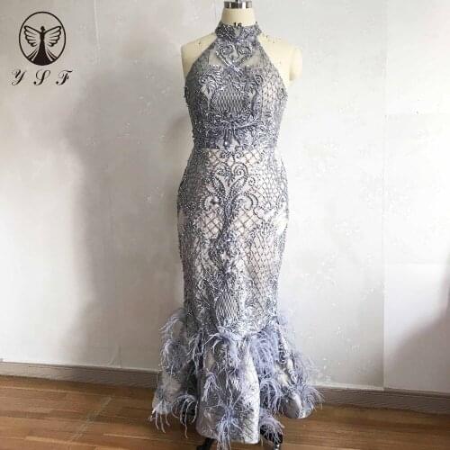 2019 Vintage Evening Dresses Silver High Collar Beaded Pearls Sleeveless Ankle Length Feather Mermaid Vestidos De Fiesta