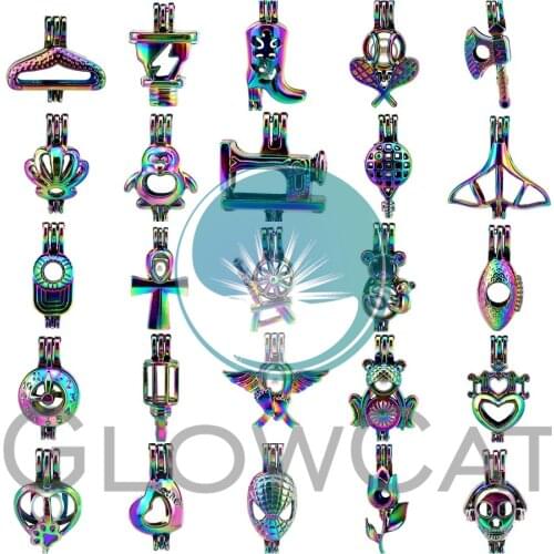 1X Rainbow Colors Whale Tail Cross Home Tool Heart Flower Beads Cage Essential Oil Diffuser Oyster Pearl Cage Locket for Pendant