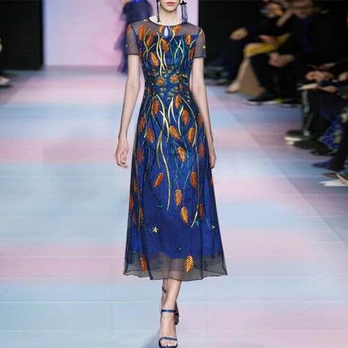 2021 Summer Fashion Dresses Women Mesh Embroidery Blue O-Neck Short Sleeve Vintage Elegant Runway Dress
