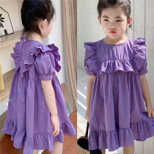 2021 Fashion Summer Girl Dress Long Children Clothing Overcoat Outwear Violet Toddler Short Sleeve High Quality