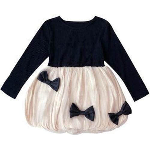 2021 New Spring Autumn Girls Clothes Long Sleeve Mesh Patchwork Bow Dress Princess Costume BB38