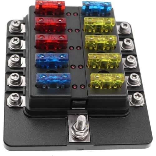 10 Way Standard Blade Fuse Box Holder with LED indicator Portable Car Fuse Box for automobile and boat Tricycle