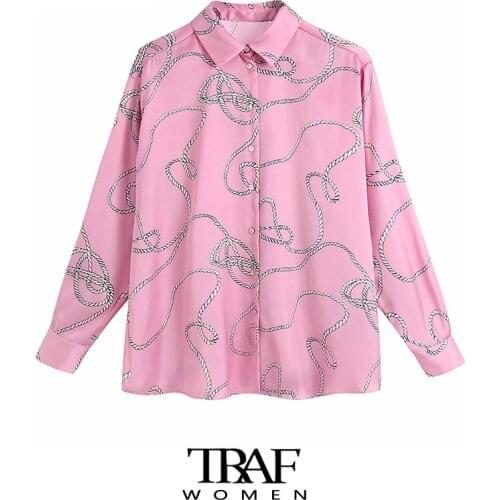 TRAF Za Women Fashion Chain Print Loose Cozy Blouses Vintage Long Sleeve Button-up Female Shirts Chic Tops