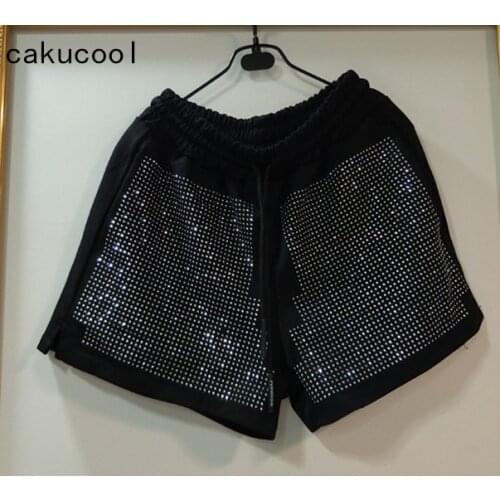 Cakucool Women Summer Shorts Stamping Diamonds Wide Leg Shorts Sequined Bling Casual Black Shorts Capris Plus Size Female