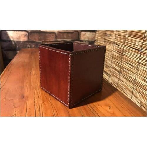 Homemade Dyeing Leather Square Pen Pencils Holder Desk Organizer Box StorageLeather Home Vase for Office School Supplie