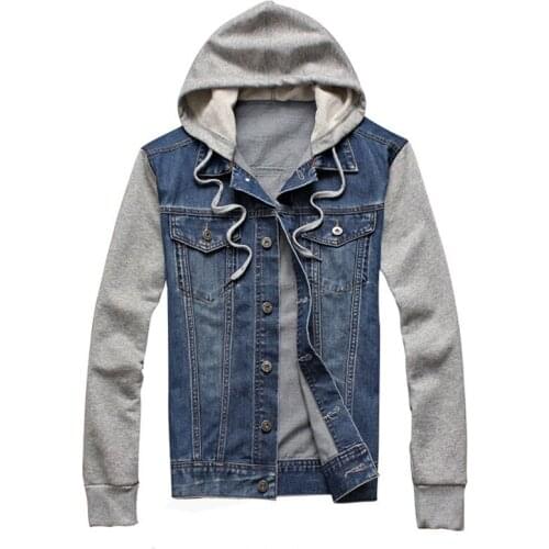 Denim Jacket Men Winter Men Loose Single Breasted Cotton Clothes Patchwork Fake Two Hip Hop Streetwear Hooded Jacket Jaquetas