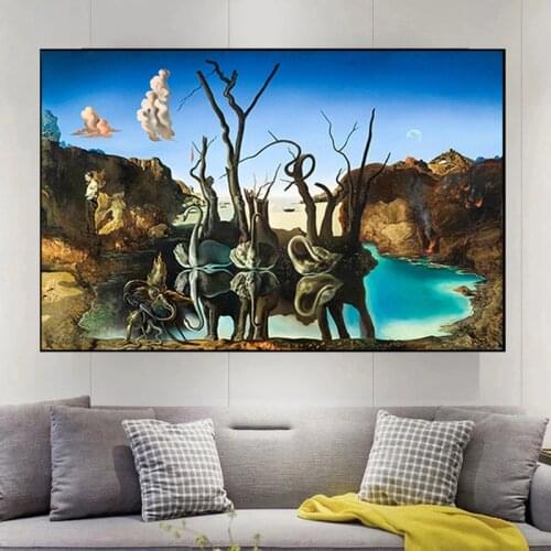 Salvador Dali Swans Reflecting Elephants Canvas Painting Abstract Posters and Print Wall Art Picture Living Room Cuadros Decor