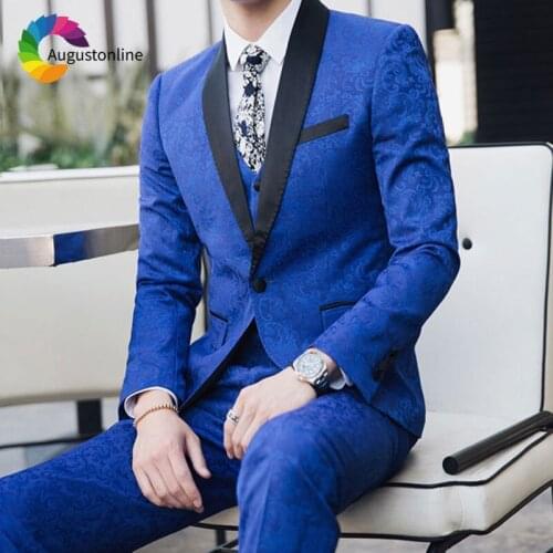 Royal Blue Pattern Floral Men Suits Wedding Suits for Man Blazer Jacket 3Piece Pants Vest Groomsmen Suit Groom Tuxedo Ternos