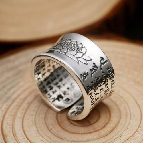 Silver ring mens Buddhist scriptures chapter seal retro opening female models sterling jewelry