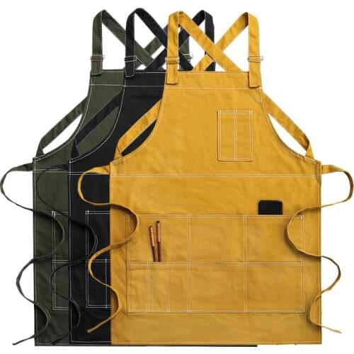 Solid Denim Pocket Bibs House Cleaning Working Coffee Pinafore Canvas Apron Kitchen Accessories Shop Cooking Baking Accessories