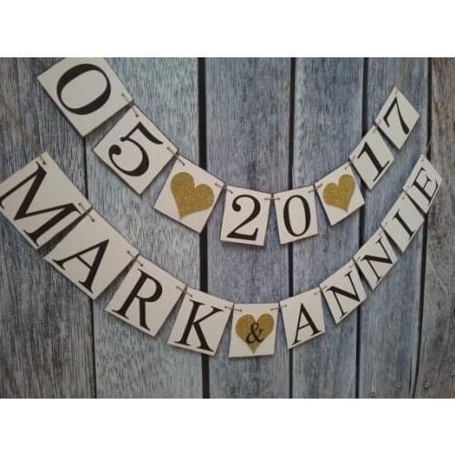 Personalized wedding save the date with names garlands buntings party signs decorations