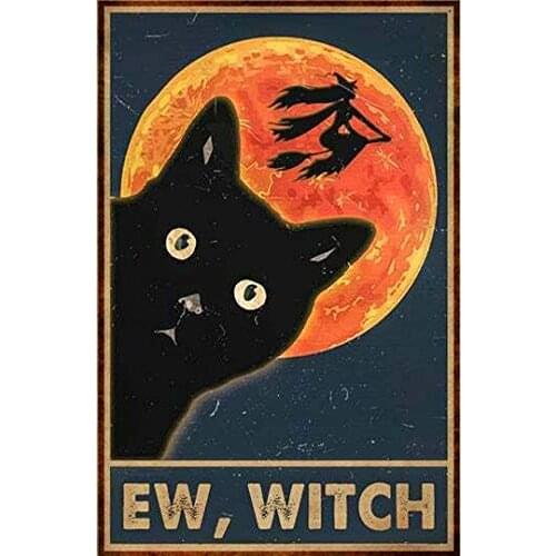 Witch Cat Poster Art Decor for Home Metal Tin Sign Warn Retro Novelty Music Bar Garage Restaurant Wall 8x12 Inches