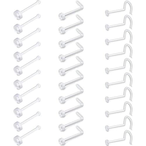 Clear Nose Rings-30pcs 18G 20G Clear Acrylic Nose Rings Bioflex Studs Screw Retainer Body Piercing Jewelry for Men Women