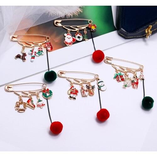 Cute Christmas Pins Christmas Santa Claus Bell Snowman Stockings Santa Tree Reindeer elk Pearl Brooches Xmas New Year Gift