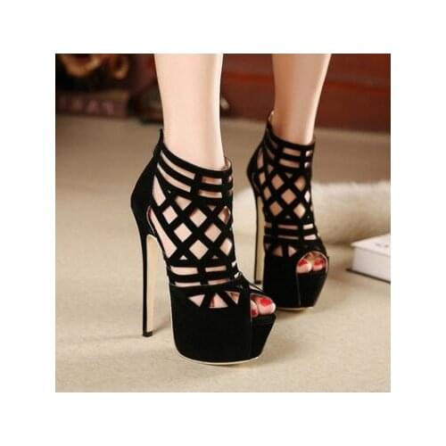 Roman Hollow Shoes Women Sandals Sexy Gladiator Zip Peep Toe Sandals Boots Thin High Heels Woman Ankle Boots Suede Black Shoes