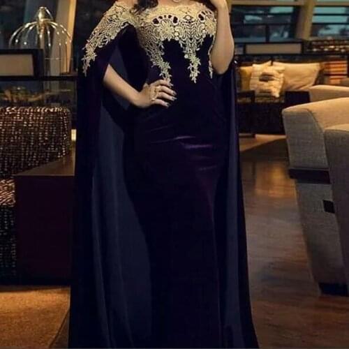 Eightae Velvet Evening Dress Mermaid Appliques Cape Sleeve caftan Formal African Muslim Arabic Morocco Kaftan Prom Party Gown