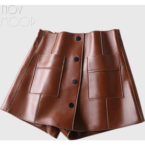 2019 autumn culottes elastic waist genuine leather skirt with button and pocket decor gonna in vera pelle LT2781