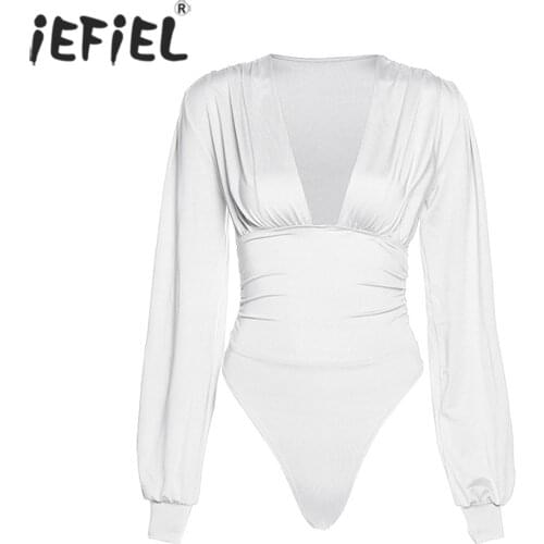 Women V Neck Low-cut Long Sleeve Bodysuit Ladies Fashion Sexy Leotard Jumpsuit Teddies Exotic Costume Lingerie Nightwear