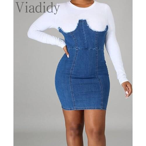 Women Casual O-Neck Long Sleeve Patchwork Zipper Denim A-Line Dress Street Fashion Jean Dress