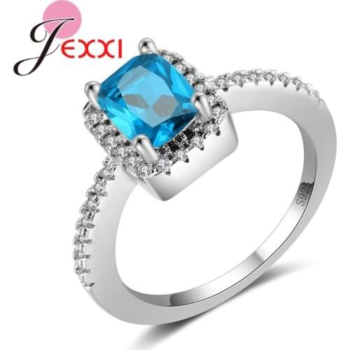 Solid 925 Sterling Silver Classic Square Crystal Blue Cubic Zircon For Women Men Finger Rings Jewelry Crystal Present
