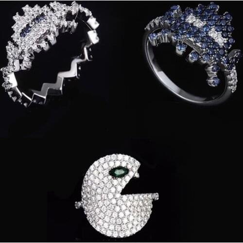 S925 Sterling Silver LOVE 80S Pac-Man Ring Bohemia Style Micro Paved Top Cubic Zirconia Silver Ring For Women Luxury Jewelry