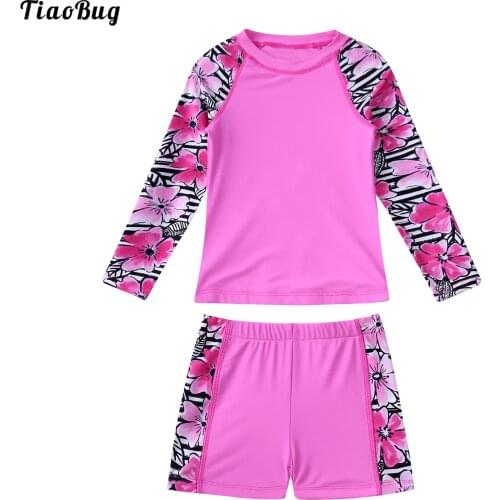 TiaoBug Summer 2Pcs Kids Girls Swimsuit Round Neck Long Sleeves Cartoon Print Floral Print Top And Boyshorts Set Pool Swimwear