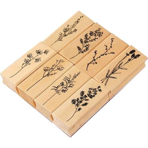 8pcs/Set Wooden Plant & Flower Decorative Mounted Wood Rubber Stamp for DIY Craft, Letters and Craft Scrapbooking