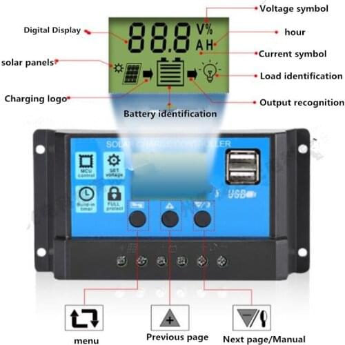 10A 20A 30A 40A 50A 60A solar controller 12V 24V automatic PWM 5V output voltage stabilizer PV household battery charger LCD dua