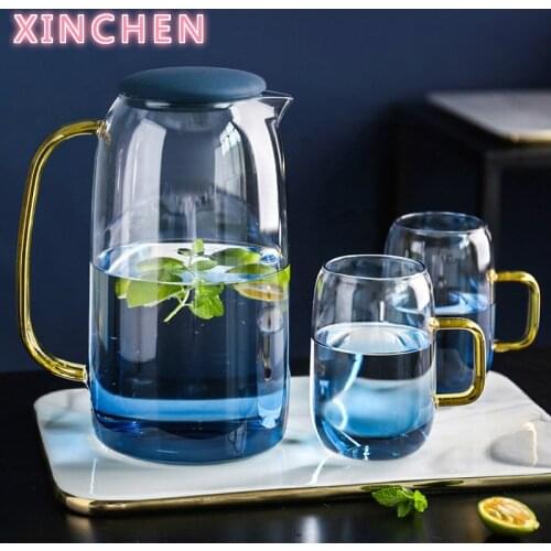 1500ML New Borosilica Glass Teapot Set With Cover Gold Handle Cups For fruit Juice Water and Coffee Tea Pot flower Large Kettle