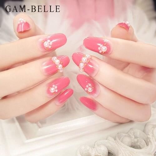 GAM-BELLE 24Pcs French Pink False Nails With 3D Pearl Long Ellipse Full Cover Artificial Fake Nails Art Decoration Manicure Tool
