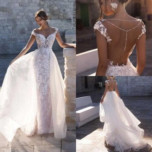 2020 Lace Wedding Dresses Capped Sleeves Appliques Beach Bridal Gowns Backless Sweep Train Mermaid Wedding Dress