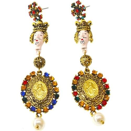 Fashion baroque long vintage exaggerated pearl earring metal elegant rhinestone crystal drop earring gold color doll earring