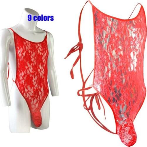 Mens sexy underwear one-piece breathable penis bag briefs high-fork lace transparent breathable boxer one-piece alternative