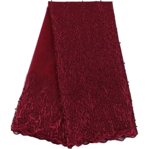 Wholesale Luxury African Embroidered Net Lace Fabric With Beads Wine High Quality African French Lace Fabric For Dress (11