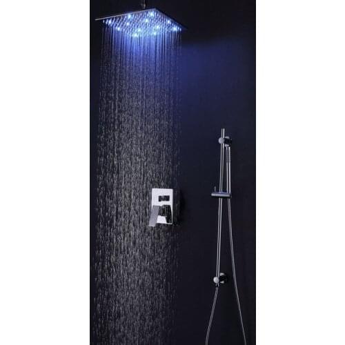 Shower Systems Ceiling Mounted Rain Shower Head Set LED Square Bathroom Showers Hot And Cold Water Mixer 12 16" Polished Finish
