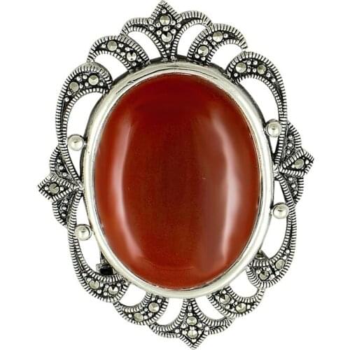 Silverlina Silver Marcasite & Agate Stone Brooch
