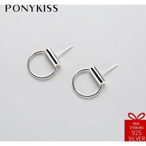PONYKISS Trendy Solid S925 Sterling Silver Geometric Simple Round Stud Earrings Creative Style Women Jewelry Accessories Gift