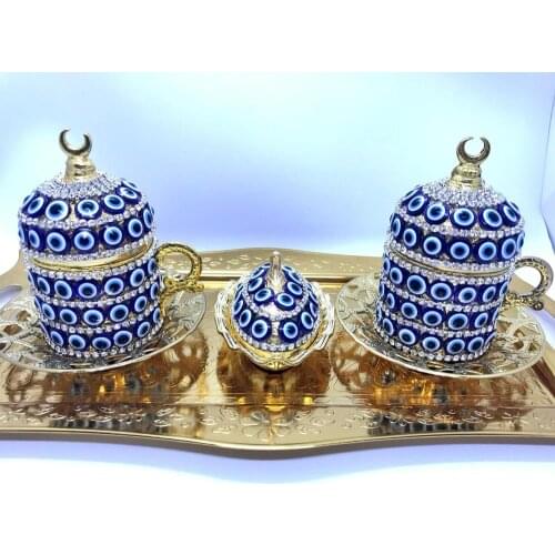Evil Eye Design Two Cups and Candy Pot Set of Golden Color Ottoman Turkish Greek Arabic Coffee Espresso Serving Cup Saucer Set