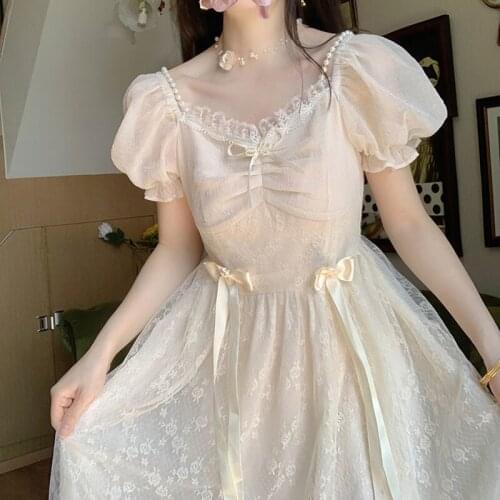 Hstar Vintage Elegant Bow Fairy Dress Women Kawaii Sweet Short Sleeve Midi Lace Cute Holiday Lace V Neck Dresses Summer 2021