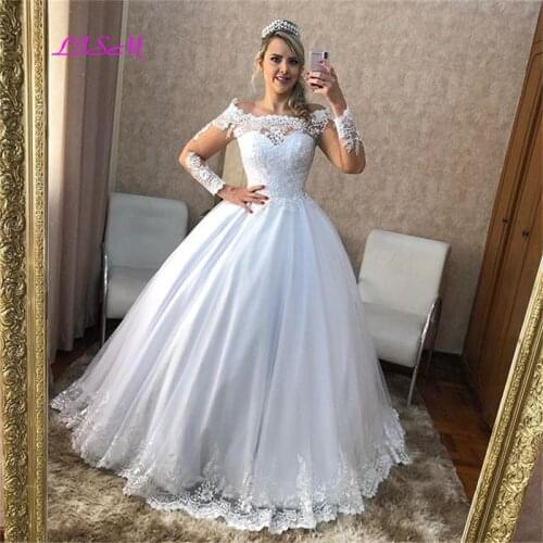 A-Line Vintage Lace Applique Wedding Dress Off the Shoulder Sheer Long Sleeves Bridal Dresses Long Wedding Gowns Vestido Longo