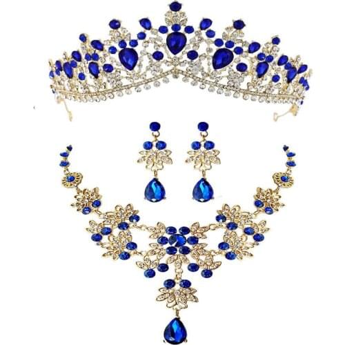 Baroque Retro Gold Red Crystal Bridal Jewelry Sets Necklace Earrings Tiaras Crown Green Blue Wedding African Beads Jewelry Set
