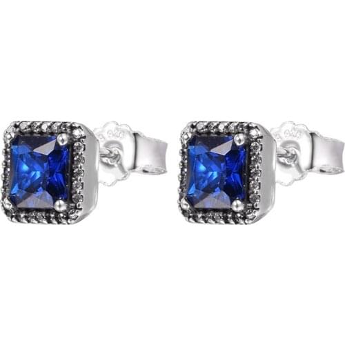 CKK 925 Sterling Silver Blue Square Sparkle Halo Stud Earrings for Women Jewelry Silver 925 Earings boucles