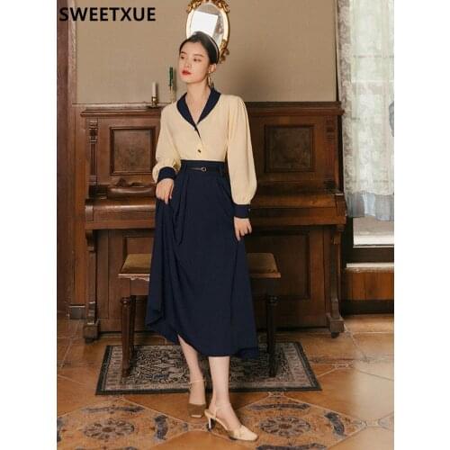 SWEETXUE V-neck Apricot Top + Navy Blue Skirt 2-Piece Suit Womens Fashion Autumn Outfits Sets Female