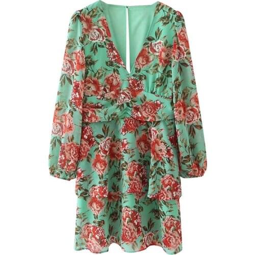 Summer Womens Casual Floral Printed V-neck Long Sleeve Slim Dress